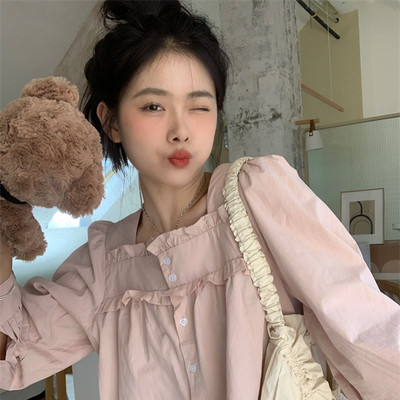 Női ing tavaszi tömör, négyzet alakú gallér, édes Kawaii, minden meccsen forró akciós diákoknak Stílusos, elegáns dizájn koreai stílus, népszerű lányok