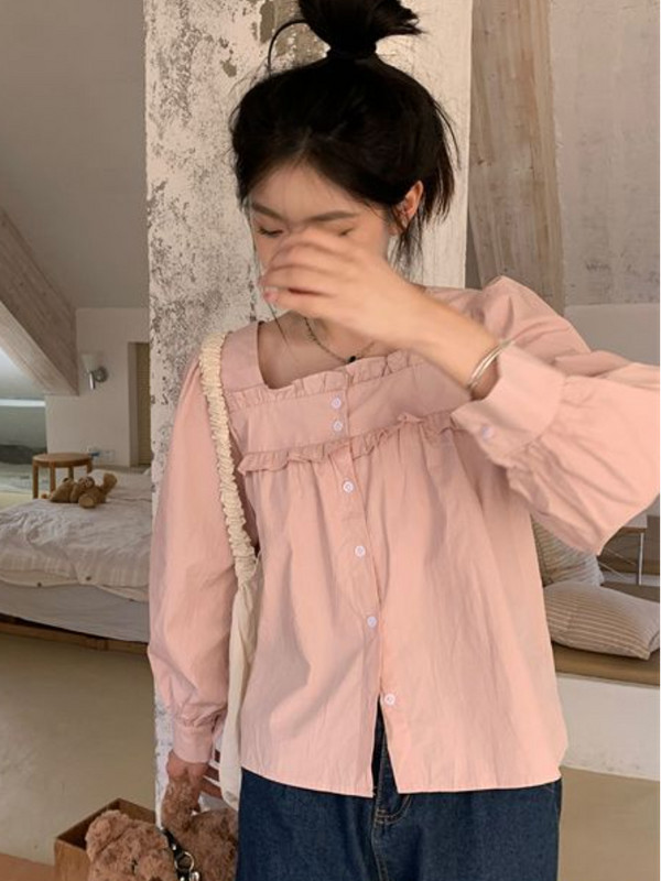 Női ing tavaszi tömör, négyzet alakú gallér, édes Kawaii, minden meccsen forró akciós diákoknak Stílusos, elegáns dizájn koreai stílus, népszerű lányok