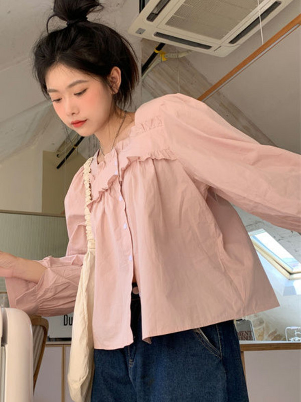 Női ing tavaszi tömör, négyzet alakú gallér, édes Kawaii, minden meccsen forró akciós diákoknak Stílusos, elegáns dizájn koreai stílus, népszerű lányok