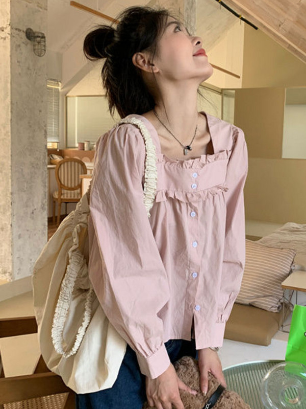 Női ing tavaszi tömör, négyzet alakú gallér, édes Kawaii, minden meccsen forró akciós diákoknak Stílusos, elegáns dizájn koreai stílus, népszerű lányok