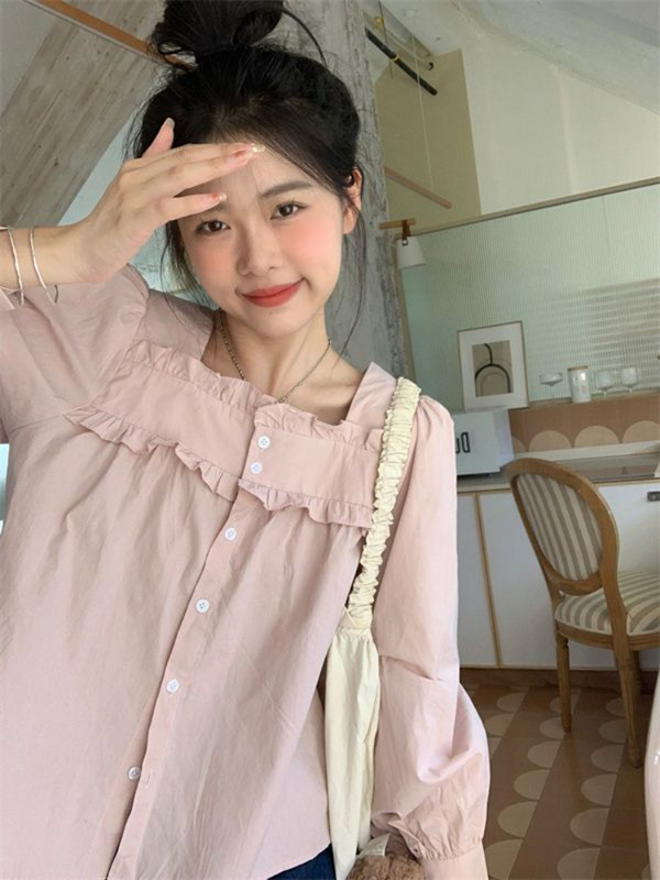 Női ing tavaszi tömör, négyzet alakú gallér, édes Kawaii, minden meccsen forró akciós diákoknak Stílusos, elegáns dizájn koreai stílus, népszerű lányok