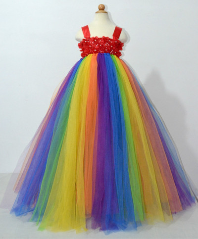 Warna Pelangi Gadis Bunga Tutu Gaun Anak Berbulu Vintage Tulle Gaun báli ruha dengan Ikat Kepala Anak Gaun Pesta Kostum