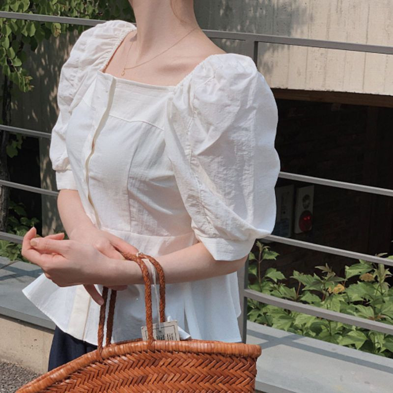 Női ing Nyári Szilárd Egyszerű Édes Lányok Stílusos Klasszikus Divat Univerzális Koreai Stílus Puff Ujj Chemise Femme Graceful
