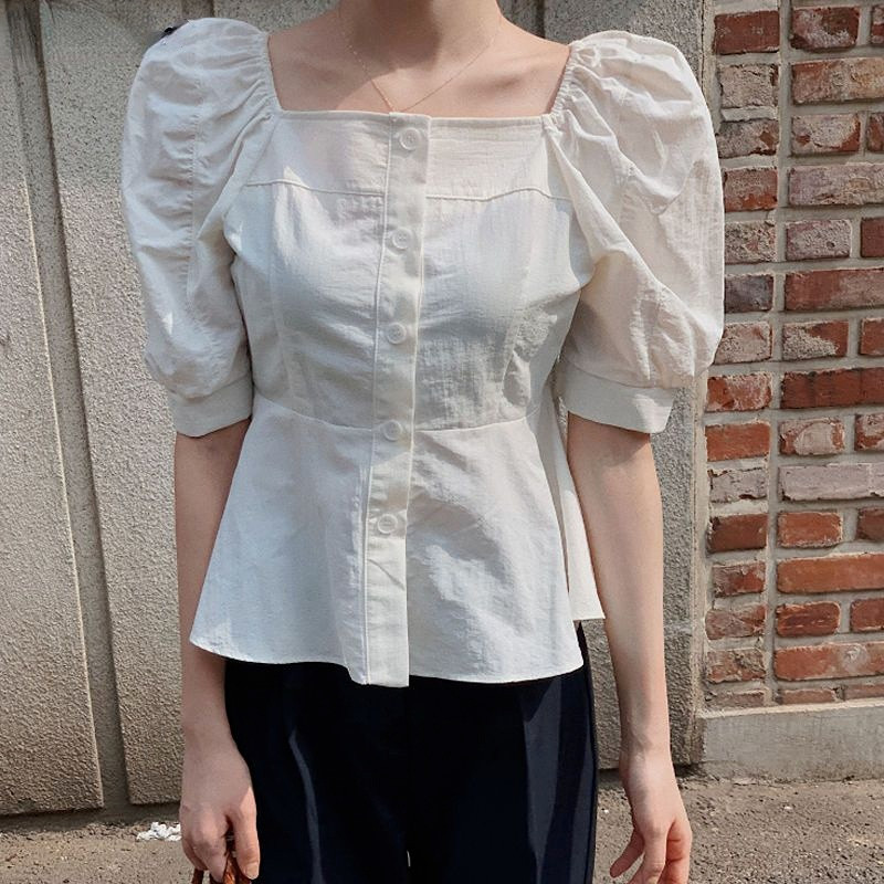 Női ing Nyári Szilárd Egyszerű Édes Lányok Stílusos Klasszikus Divat Univerzális Koreai Stílus Puff Ujj Chemise Femme Graceful