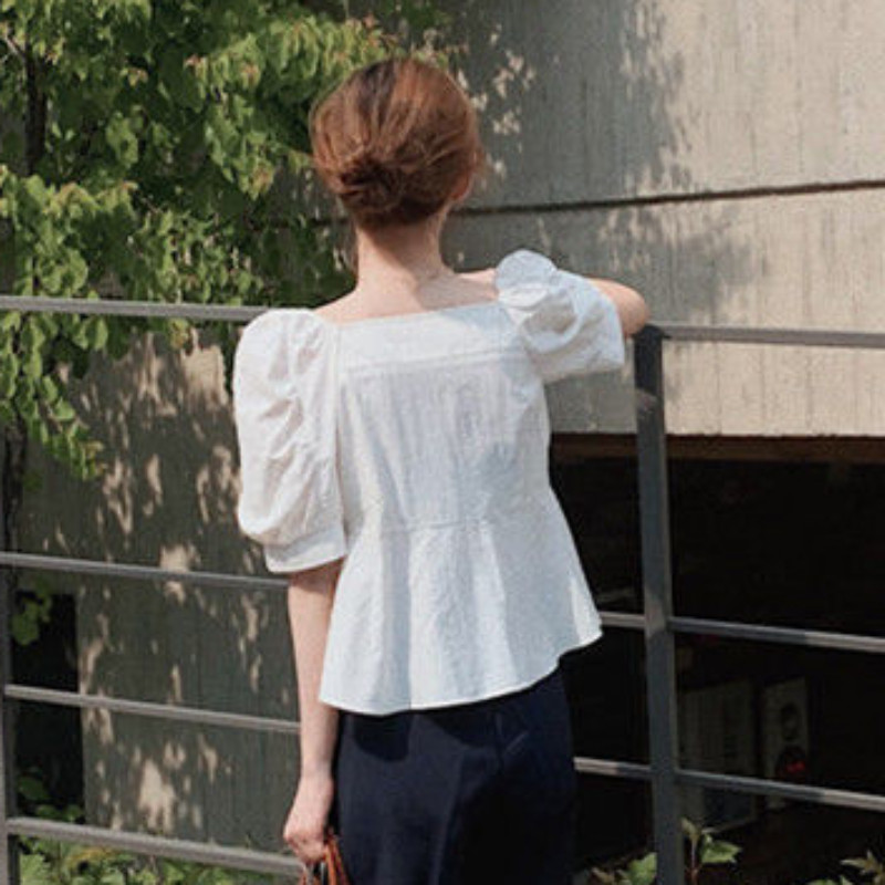 Női ing Nyári Szilárd Egyszerű Édes Lányok Stílusos Klasszikus Divat Univerzális Koreai Stílus Puff Ujj Chemise Femme Graceful