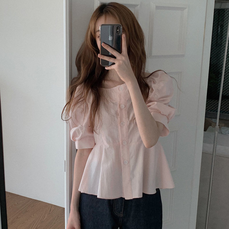 Női ing Nyári Szilárd Egyszerű Édes Lányok Stílusos Klasszikus Divat Univerzális Koreai Stílus Puff Ujj Chemise Femme Graceful