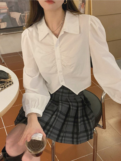 Dámske košele, jednoduché záhyby, jednofarebné, univerzálne, ležérne, trendy, útulné, dizajn, kórejská móda, dámske košele, sladké, krásne, dámske