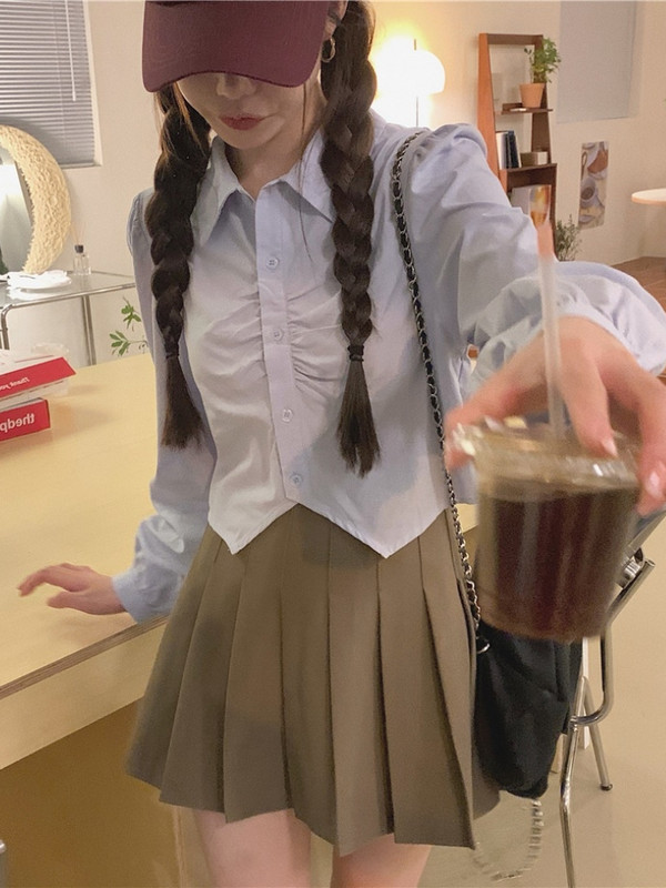 Dámske košele, jednoduché záhyby, jednofarebné, univerzálne, ležérne, trendy, útulné, dizajn, kórejská móda, dámske košele, sladké, krásne, dámske