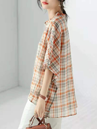 Košulje Ženske Šišmiš rukav Tanke ljetne karirane O-izrez Nježne osnovne Rubaške Mujer Retro dizajn Novo Hout Rasprodaja Ulzzang Ins