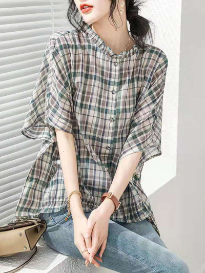 Košulje Ženske Šišmiš rukav Tanke ljetne karirane O-izrez Nježne osnovne Rubaške Mujer Retro dizajn Novo Hout Rasprodaja Ulzzang Ins