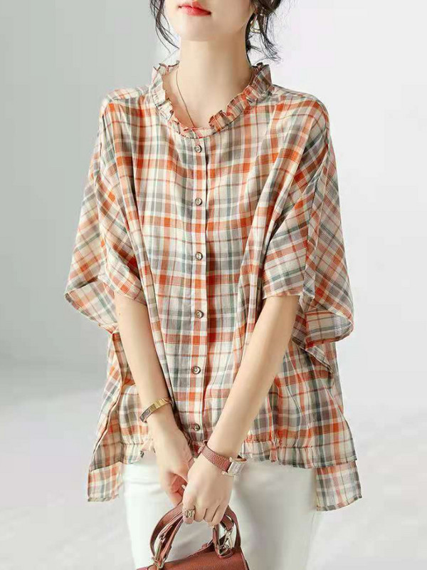 Košulje Ženske Šišmiš rukav Tanke ljetne karirane O-izrez Nježne osnovne Rubaške Mujer Retro dizajn Novo Hout Rasprodaja Ulzzang Ins