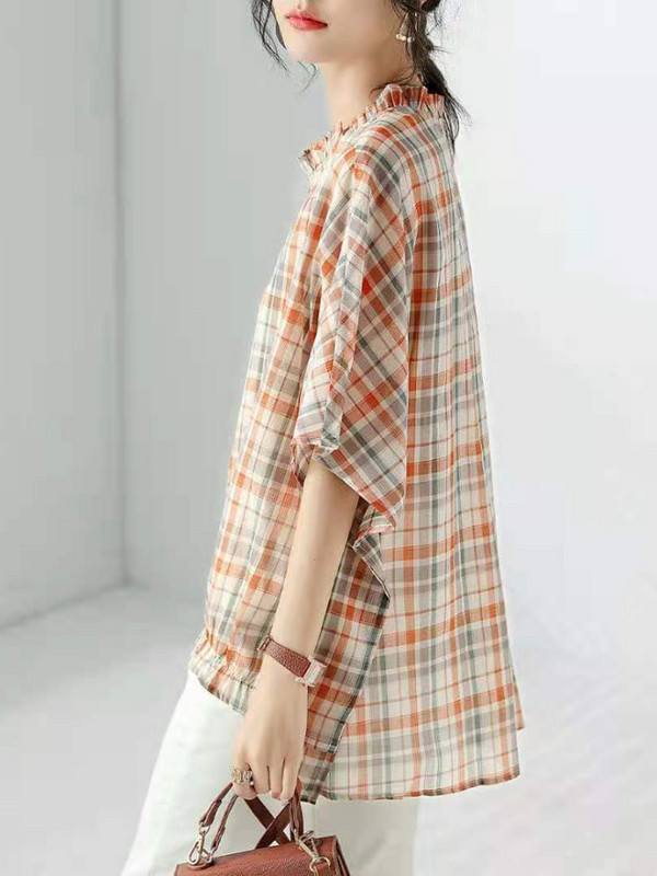 Košulje Ženske Šišmiš rukav Tanke ljetne karirane O-izrez Nježne osnovne Rubaške Mujer Retro dizajn Novo Hout Rasprodaja Ulzzang Ins