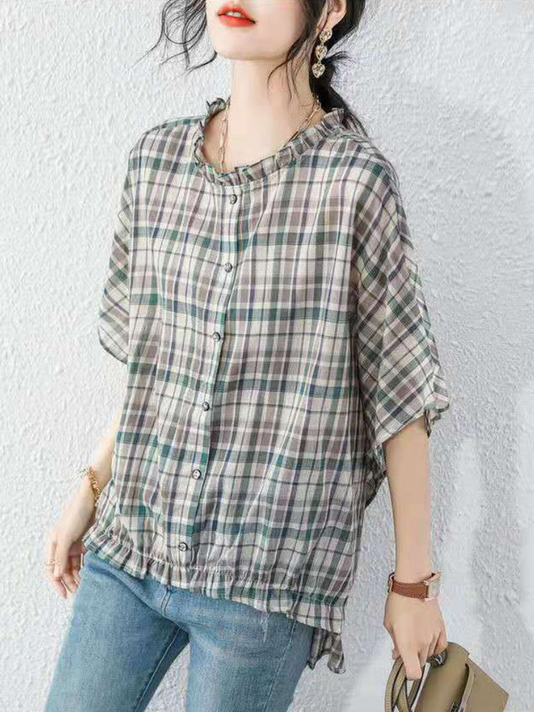Košulje Ženske Šišmiš rukav Tanke ljetne karirane O-izrez Nježne osnovne Rubaške Mujer Retro dizajn Novo Hout Rasprodaja Ulzzang Ins