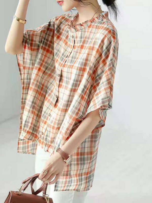 Košulje Ženske Šišmiš rukav Tanke ljetne karirane O-izrez Nježne osnovne Rubaške Mujer Retro dizajn Novo Hout Rasprodaja Ulzzang Ins