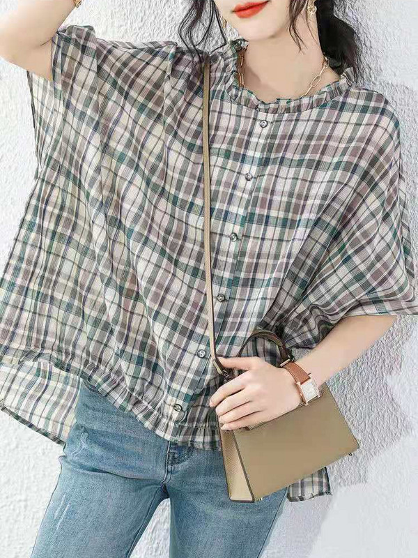 Košulje Ženske Šišmiš rukav Tanke ljetne karirane O-izrez Nježne osnovne Rubaške Mujer Retro dizajn Novo Hout Rasprodaja Ulzzang Ins