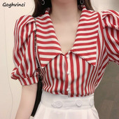 Dámske košele s pruhovaným dizajnom, úzky crop top s nafúknutými rukávmi, tenké letné, sladké, elegantné, sviatočné, vysokoškolské, ležérne, kórejské, košele