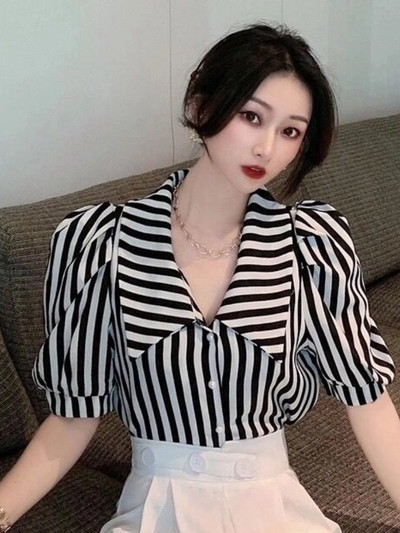Dámske košele s pruhovaným dizajnom, úzky crop top s nafúknutými rukávmi, tenké letné, sladké, elegantné, sviatočné, vysokoškolské, ležérne, kórejské, košele