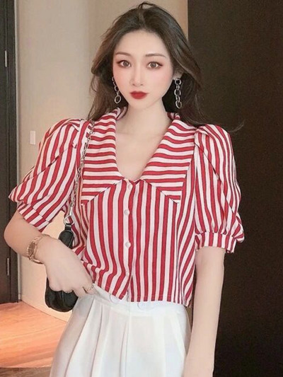 Dámske košele s pruhovaným dizajnom, úzky crop top s nafúknutými rukávmi, tenké letné, sladké, elegantné, sviatočné, vysokoškolské, ležérne, kórejské, košele