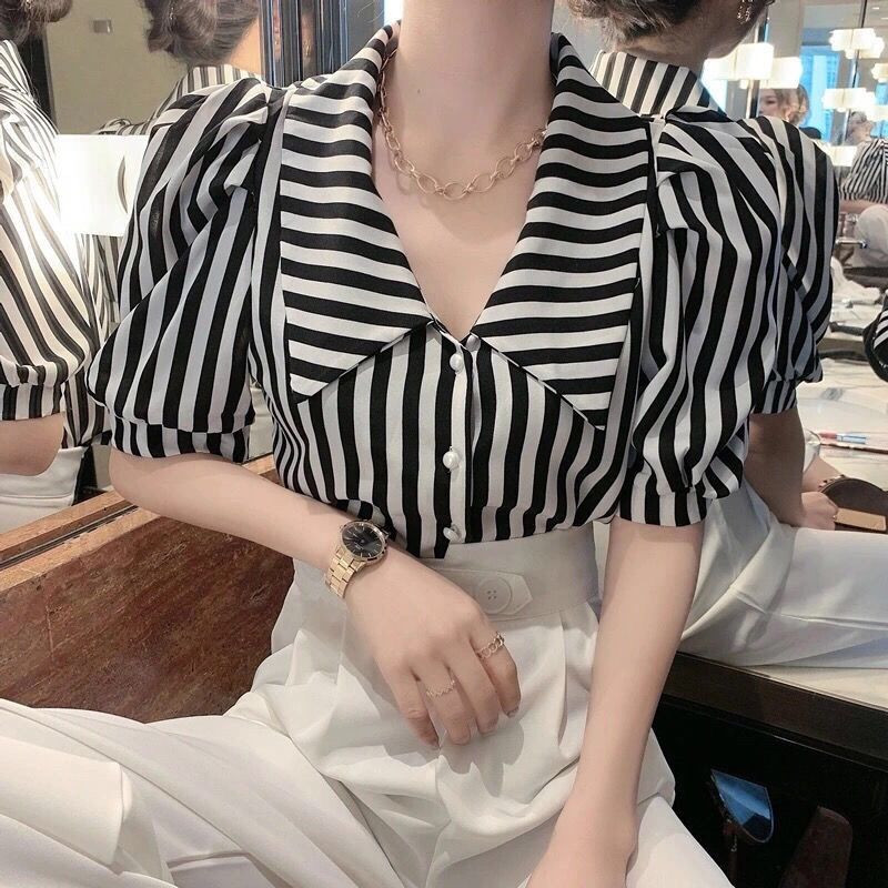 Dámske košele s pruhovaným dizajnom, úzky crop top s nafúknutými rukávmi, tenké letné, sladké, elegantné, sviatočné, vysokoškolské, ležérne, kórejské, košele