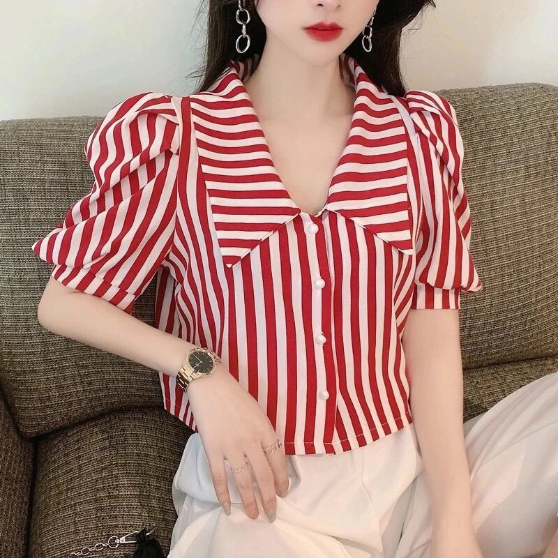 Dámske košele s pruhovaným dizajnom, úzky crop top s nafúknutými rukávmi, tenké letné, sladké, elegantné, sviatočné, vysokoškolské, ležérne, kórejské, košele