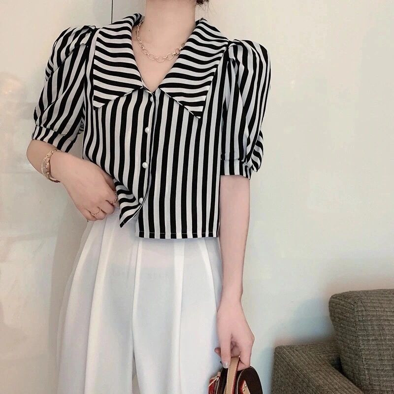 Dámske košele s pruhovaným dizajnom, úzky crop top s nafúknutými rukávmi, tenké letné, sladké, elegantné, sviatočné, vysokoškolské, ležérne, kórejské, košele