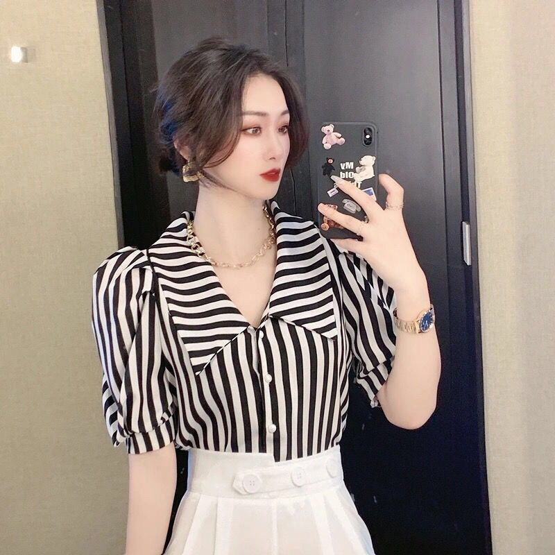 Dámske košele s pruhovaným dizajnom, úzky crop top s nafúknutými rukávmi, tenké letné, sladké, elegantné, sviatočné, vysokoškolské, ležérne, kórejské, košele