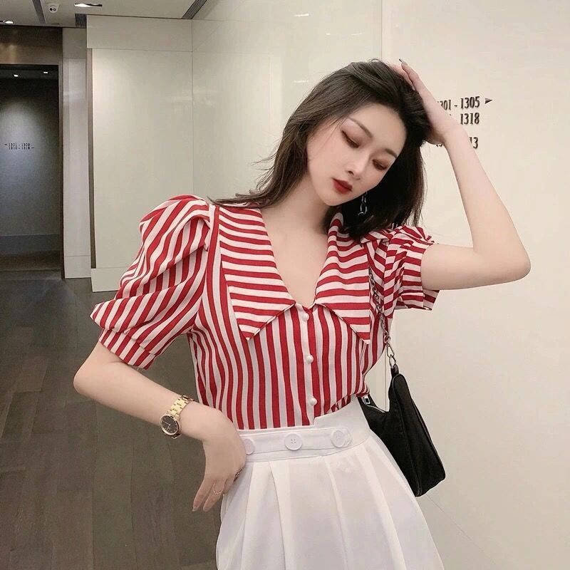 Dámske košele s pruhovaným dizajnom, úzky crop top s nafúknutými rukávmi, tenké letné, sladké, elegantné, sviatočné, vysokoškolské, ležérne, kórejské, košele