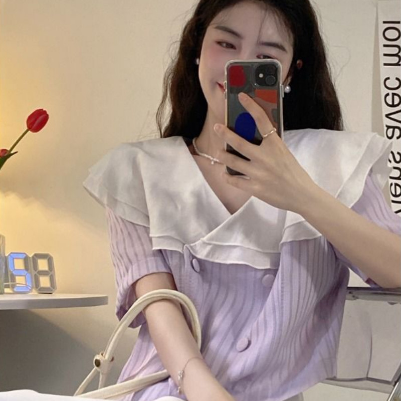 M-4XL Košulje kratkih rukava Ženski dizajn s gumbima Nabrane prugaste ležerne modne Ulzzang slatke ljetne košulje za sve kombinacije Femme Chic