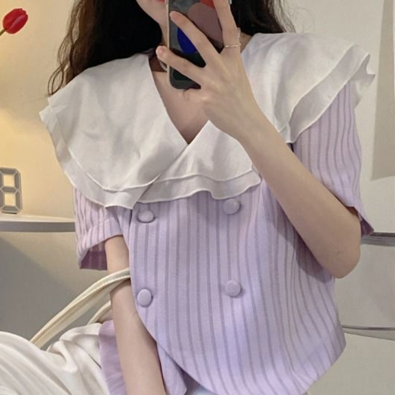 M-4XL Košulje kratkih rukava Ženski dizajn s gumbima Nabrane prugaste ležerne modne Ulzzang slatke ljetne košulje za sve kombinacije Femme Chic