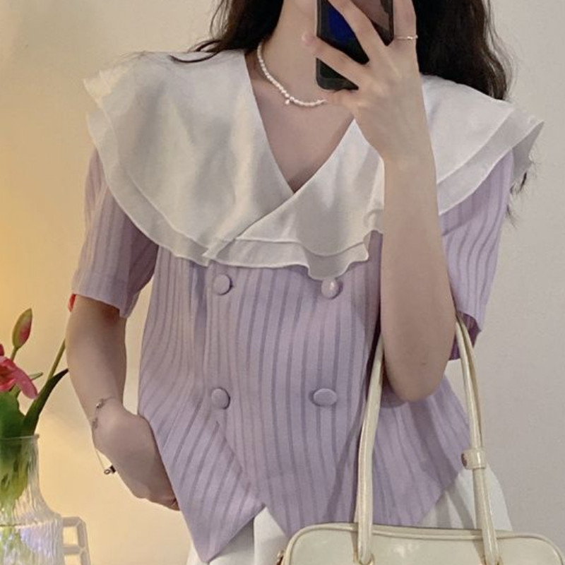 M-4XL Košulje kratkih rukava Ženski dizajn s gumbima Nabrane prugaste ležerne modne Ulzzang slatke ljetne košulje za sve kombinacije Femme Chic
