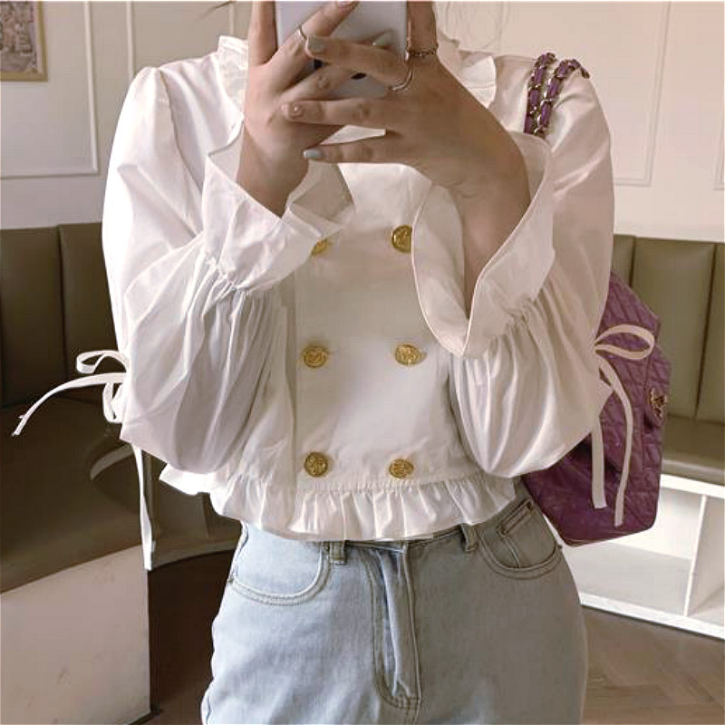 Ženske košulje s mašnom, nabranim volanima, širokim rukavima, jednobojnim dvokopčanim kopčanjem, vintage elegancijom, korejskim stilom, elegantnim, delikatnim, elegantnim, slatkim