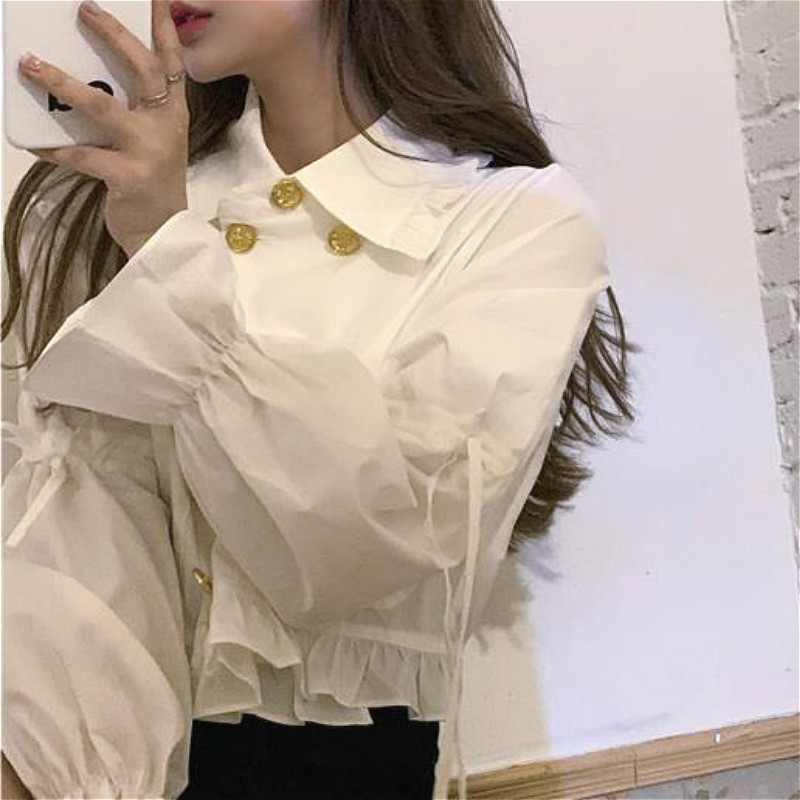 Ženske košulje s mašnom, nabranim volanima, širokim rukavima, jednobojnim dvokopčanim kopčanjem, vintage elegancijom, korejskim stilom, elegantnim, delikatnim, elegantnim, slatkim