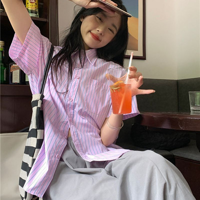 Košulje kratkih rukava Ženske prugaste, ležerne, ružičaste elegantne, opuštene, slatke, višeslojne korejske modne ins vintage ulične odjeće BF tanke