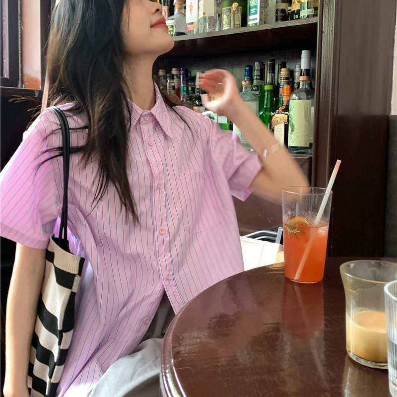 Košulje kratkih rukava Ženske prugaste, ležerne, ružičaste elegantne, opuštene, slatke, višeslojne korejske modne ins vintage ulične odjeće BF tanke