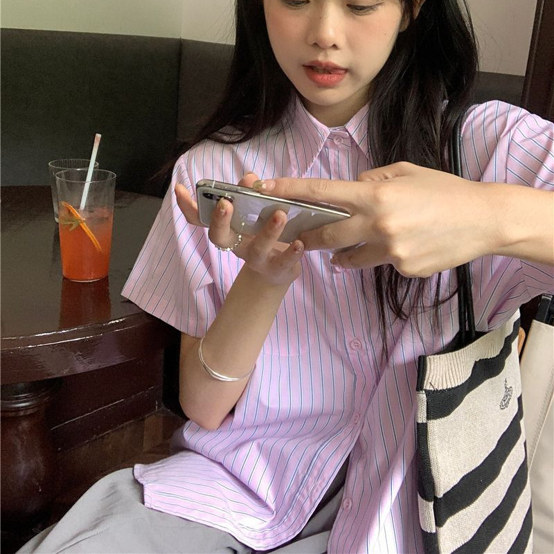 Košulje kratkih rukava Ženske prugaste, ležerne, ružičaste elegantne, opuštene, slatke, višeslojne korejske modne ins vintage ulične odjeće BF tanke