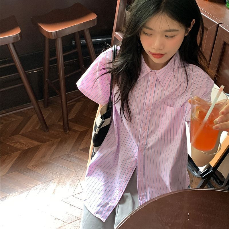Košulje kratkih rukava Ženske prugaste, ležerne, ružičaste elegantne, opuštene, slatke, višeslojne korejske modne ins vintage ulične odjeće BF tanke