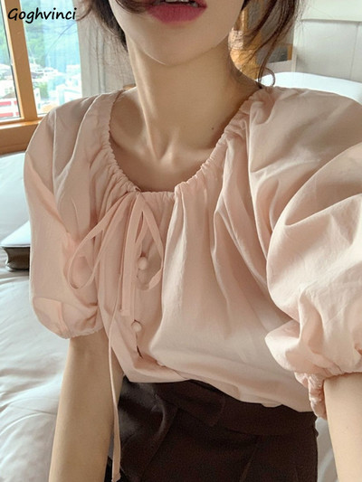 Γυναικεία πουκάμισα με κοντό μανίκι με μασίφ κορδόνια και λαιμόκοψη Τρυφερό Κορεάτικο στυλ Camisas Mujer Summer All-match Casual Fashion