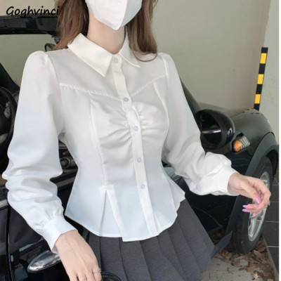 Λευκά πουκάμισα γυναικεία πλισέ μακρυμάνικα άνοιξη Sim Fit καθημερινά All-match Camisas Mujer Ulzzang Style Fashion Tender Office Lady