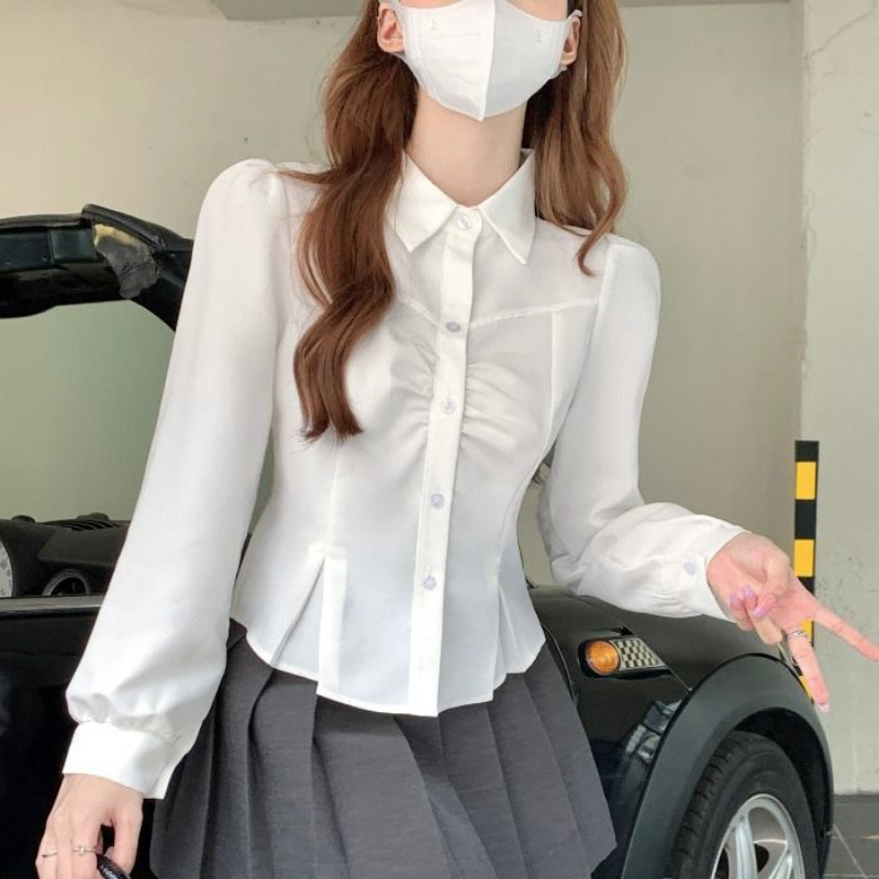 Bijele košulje za žene Plisirane dugih rukava Spring Sim Fit Daily Commiss Camisas Mujer Ulzzang Style Fashion Tender Office Lady