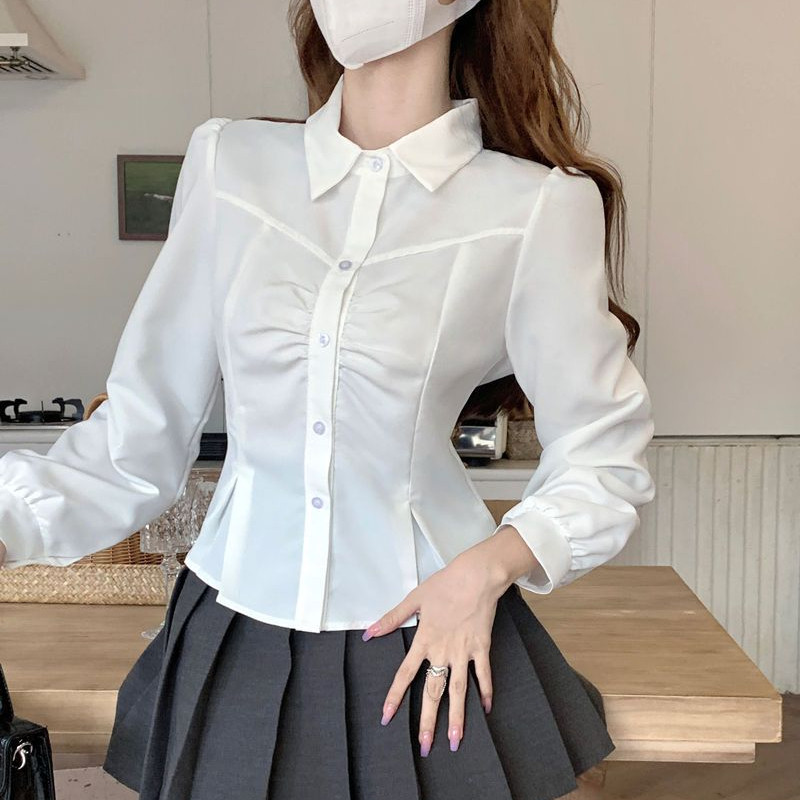 Bijele košulje za žene Plisirane dugih rukava Spring Sim Fit Daily Commiss Camisas Mujer Ulzzang Style Fashion Tender Office Lady