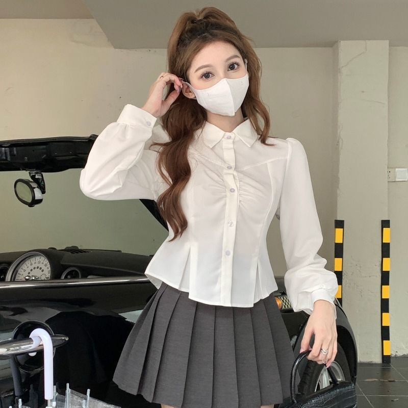 Bijele košulje za žene Plisirane dugih rukava Spring Sim Fit Daily Commiss Camisas Mujer Ulzzang Style Fashion Tender Office Lady