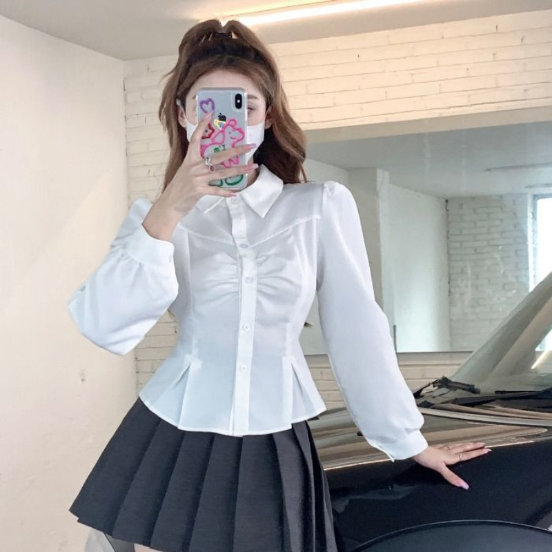 Bijele košulje za žene Plisirane dugih rukava Spring Sim Fit Daily Commiss Camisas Mujer Ulzzang Style Fashion Tender Office Lady