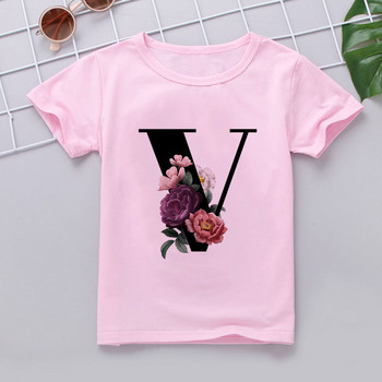 Нова риза за момичета за малко дете, розови дрехи, тениска за тийнейджъри, детски тениски с ново деколте с азбучен печат, тениски с о-образно деколте и къс ръкав