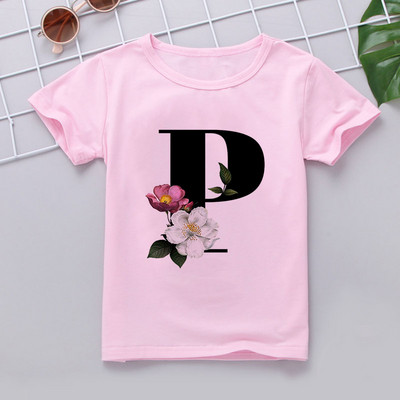 Nauji marškinėliai mergaitei Rožiniai rūbai Paaugliams Mergaičių marškinėliai Vaikiški abėcėlė Naujovė Spausdinti Mergaičių marškinėliai O formos iškirpte trumpomis rankovėmis
