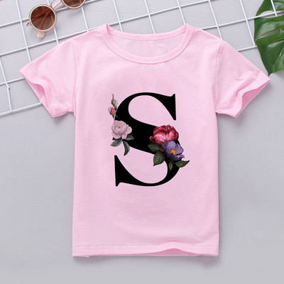 Nauji marškinėliai mergaitei Rožiniai rūbai Paaugliams Mergaičių marškinėliai Vaikiški abėcėlė Naujovė Spausdinti Mergaičių marškinėliai O formos iškirpte trumpomis rankovėmis