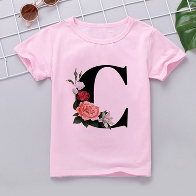 Nauji marškinėliai mergaitei Rožiniai rūbai Paaugliams Mergaičių marškinėliai Vaikiški abėcėlė Naujovė Spausdinti Mergaičių marškinėliai O formos iškirpte trumpomis rankovėmis