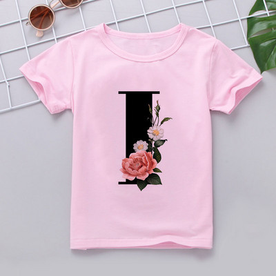 Nauji marškinėliai mergaitei Rožiniai rūbai Paaugliams Mergaičių marškinėliai Vaikiški abėcėlė Naujovė Spausdinti Mergaičių marškinėliai O formos iškirpte trumpomis rankovėmis