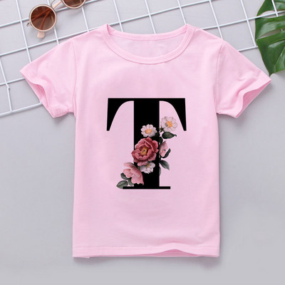 Nauji marškinėliai mergaitei Rožiniai rūbai Paaugliams Mergaičių marškinėliai Vaikiški abėcėlė Naujovė Spausdinti Mergaičių marškinėliai O formos iškirpte trumpomis rankovėmis