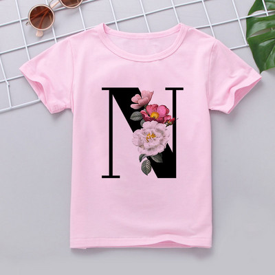 Nauji marškinėliai mergaitei Rožiniai rūbai Paaugliams Mergaičių marškinėliai Vaikiški abėcėlė Naujovė Spausdinti Mergaičių marškinėliai O formos iškirpte trumpomis rankovėmis