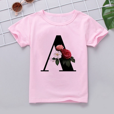 Nauji marškinėliai mergaitei Rožiniai rūbai Paaugliams Mergaičių marškinėliai Vaikiški abėcėlė Naujovė Spausdinti Mergaičių marškinėliai O formos iškirpte trumpomis rankovėmis
